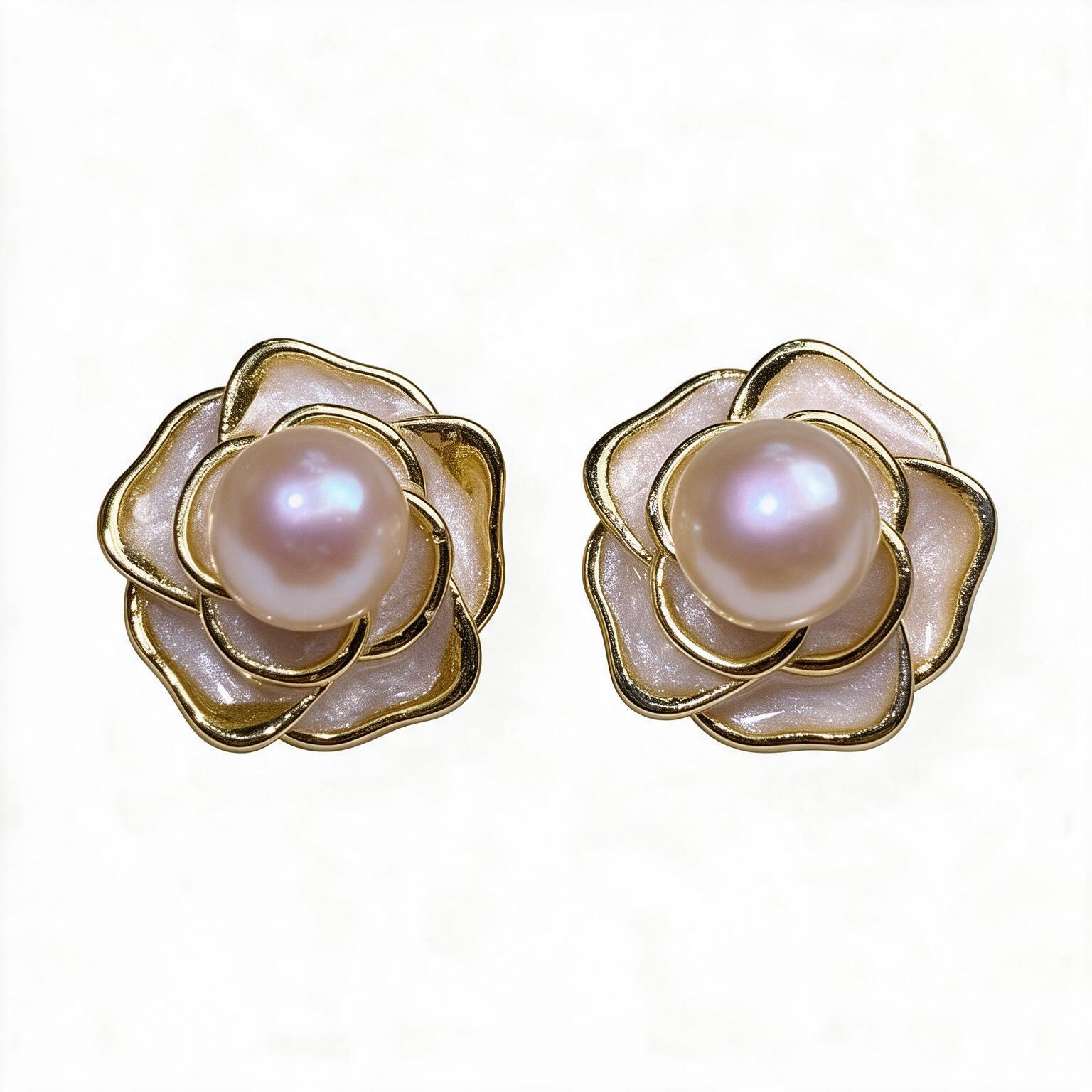 珍珠耳钉2608151926514 Camellia Pearl Stud Earrings, Gold Tone Pink Enamel Petals, Three Dimensional Flower, Elegant Retro Women Jewelry Gift