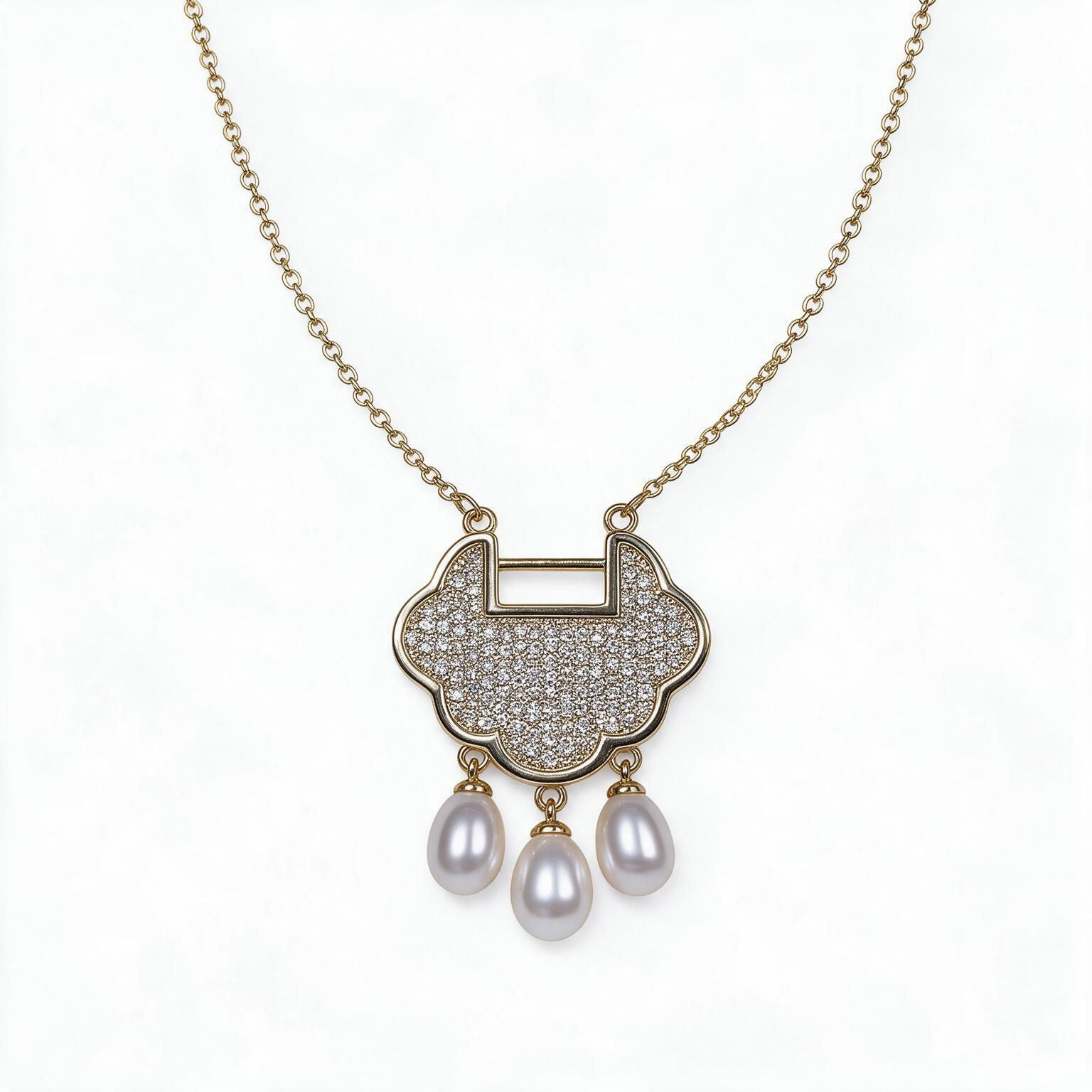 珍珠项链2608161120421 Chinese Lock Pearl Pendant Necklace, Gold Tone Micro Pave Zircon Ruyi Lock, Tassel Pearl Drop, Dainty Thin Chain, Oriental Vintage Women Jewelry Gift