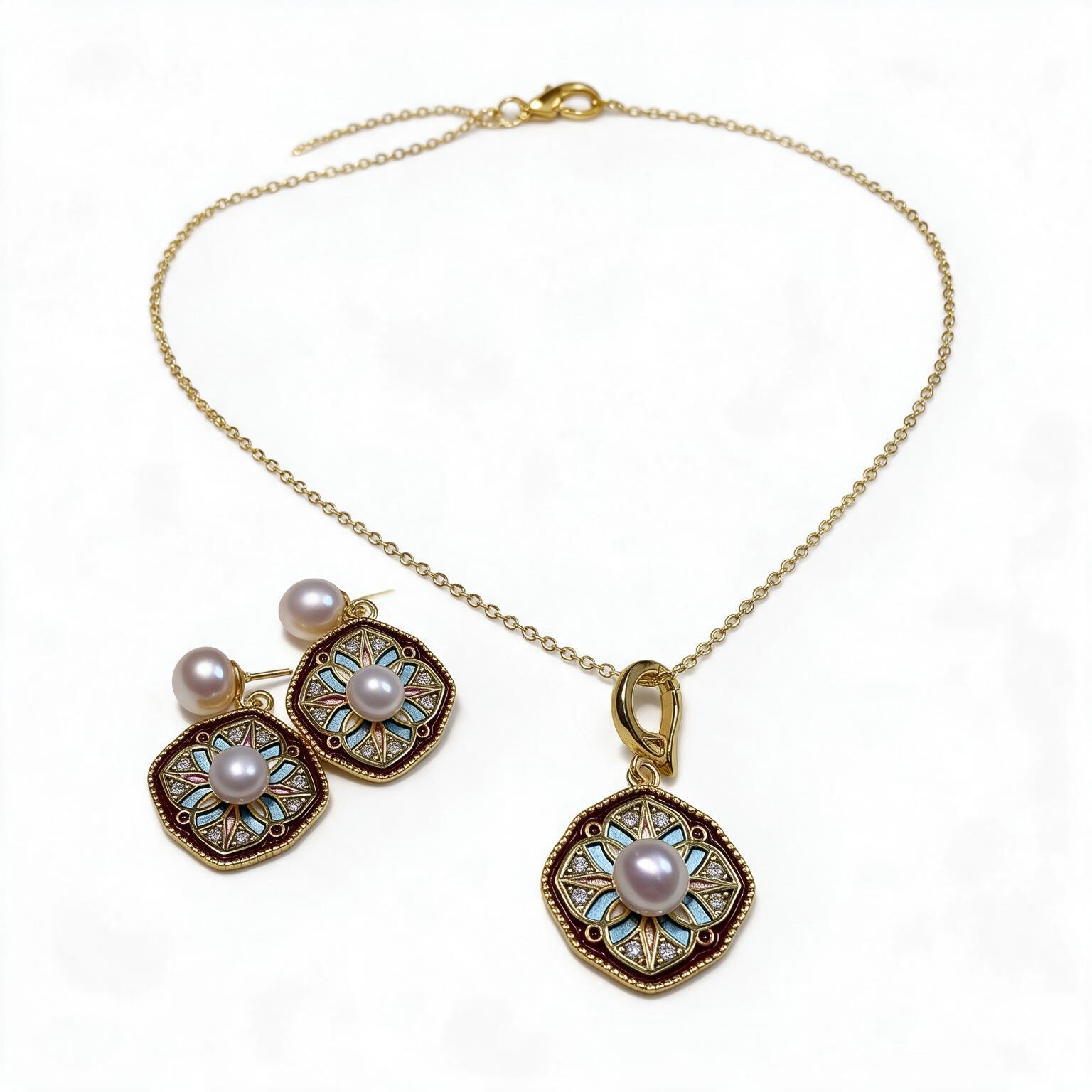 珍珠首饰套装2608151717334 Vintage Enamel Pearl Jewelry Set, Gold Tone, Square Geometric Pendant Necklace & Drop Earrings, Baroque Style Women Matching Jewelry Gift