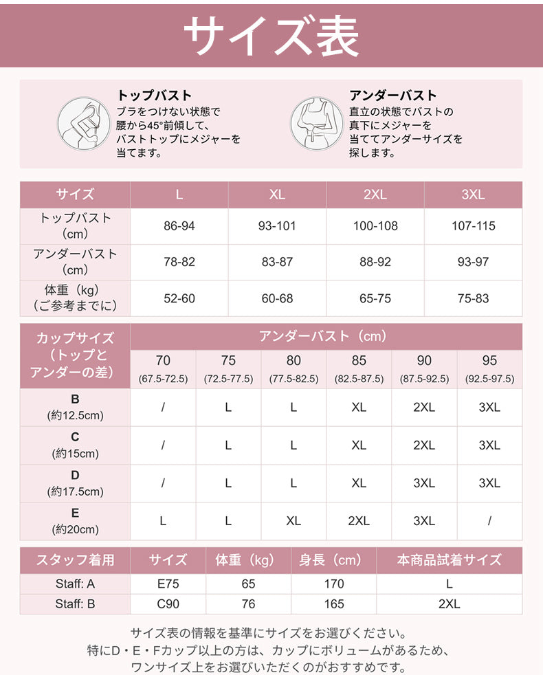 補正 ブラ L-3XL対応のバストとアンダーサイズ表 VEIMIA