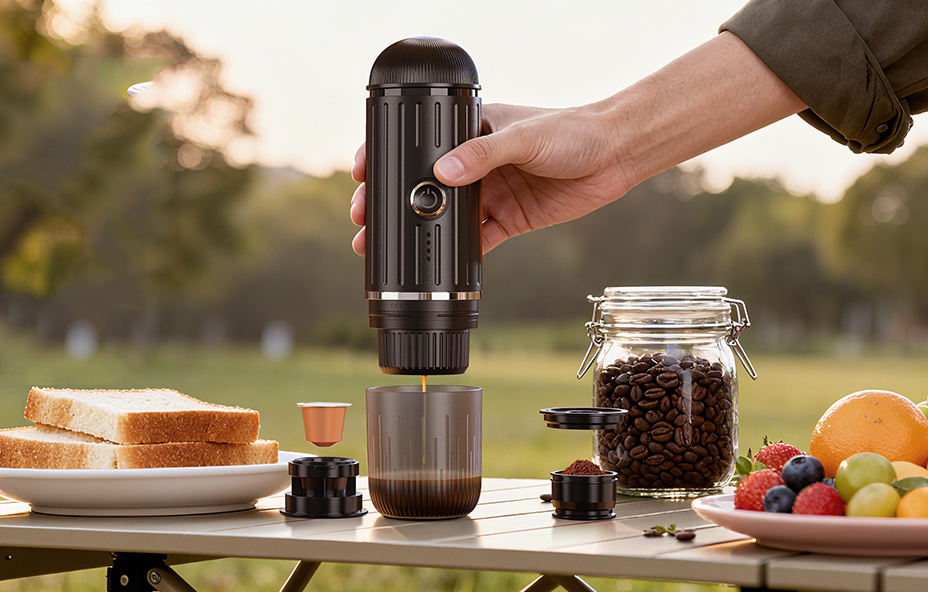 Mikoca Portable Espresso Machine ground coffee and capsules
