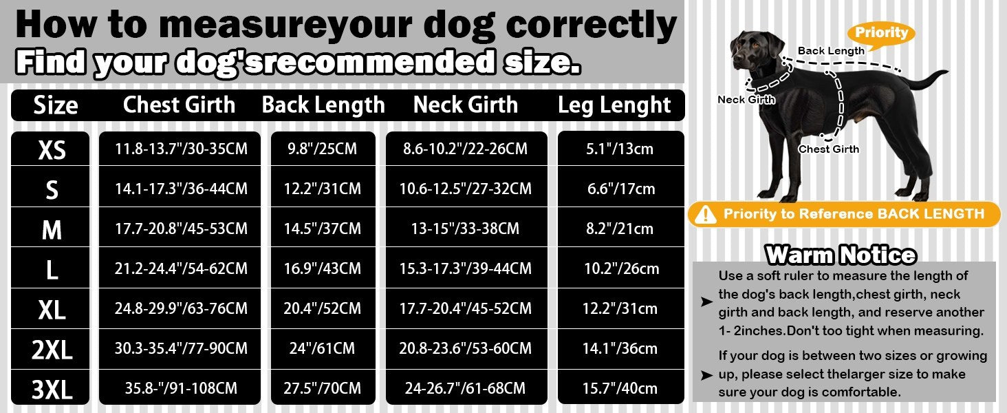 size chart of Hind Leg Recovery Suit for Dogs