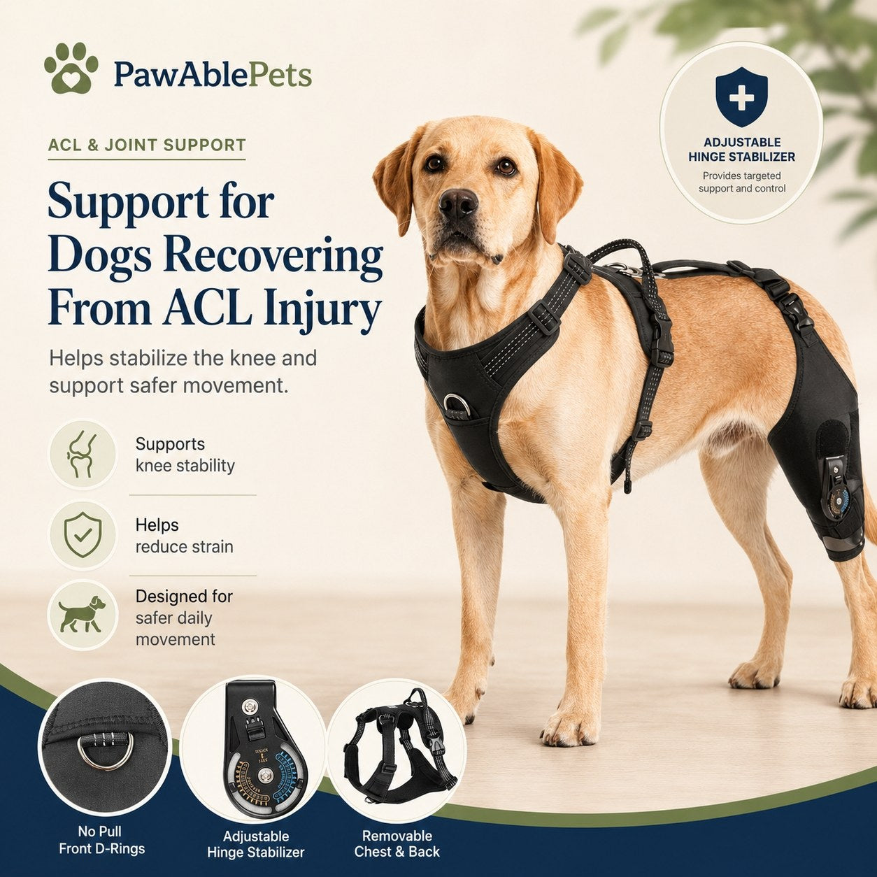 Dog wearing a knee support brace with PawAble Pets branding and product features.
