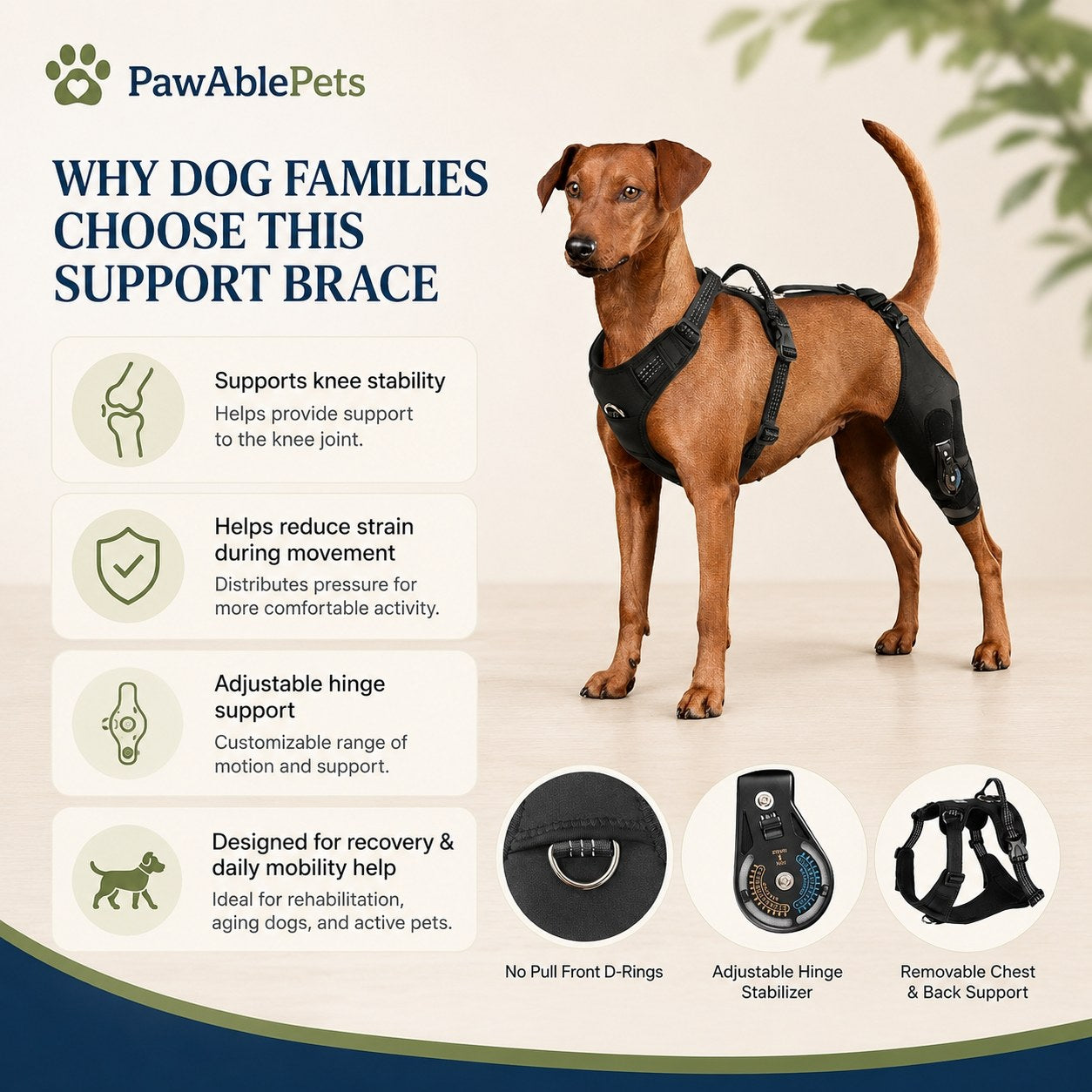 Dog wearing a support brace with features listed on a white background