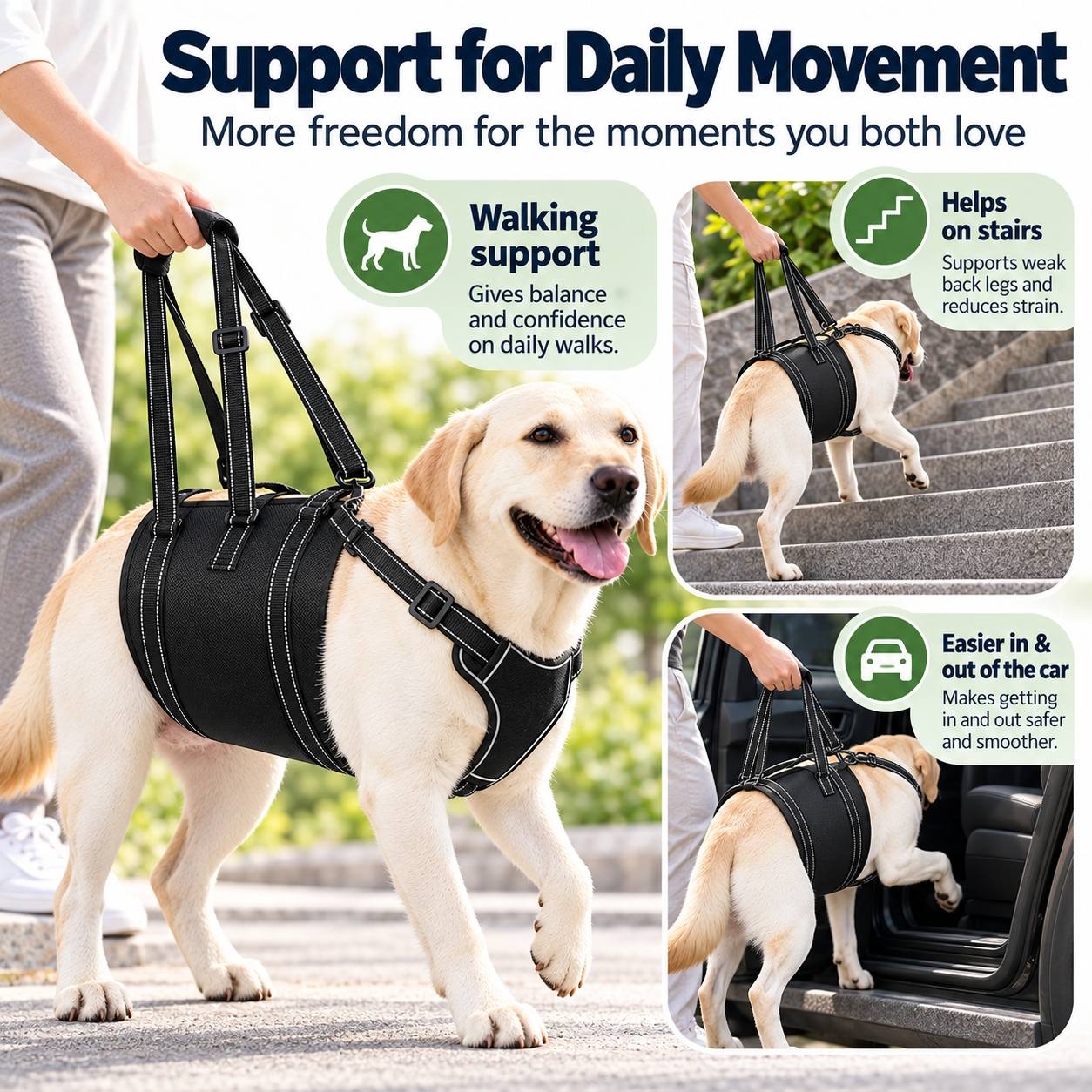 Dog wearing rear support harness for walking, stairs, and getting into a car
