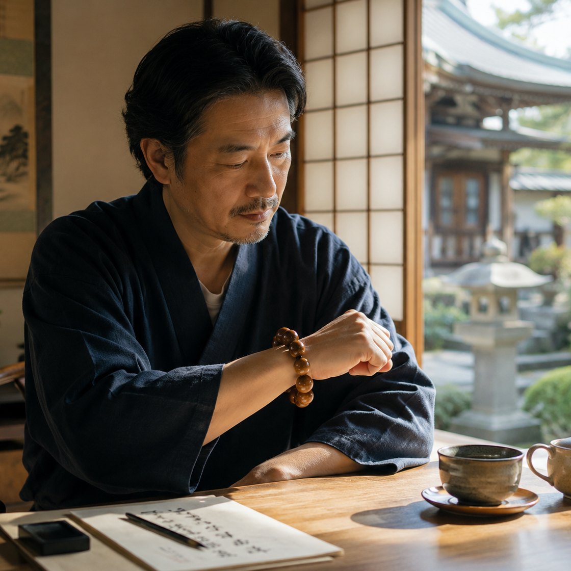 金絲楠木の木目を楽しむ、13珠の腕輪念珠。日々のお守りと厄除けの願いを込めて。日常使いと贈り物に。