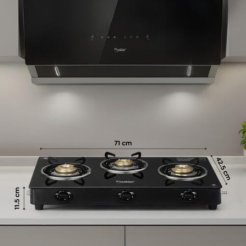 Prestige Iris Plus 3 Burner Auto Ignition Gas Stove | Toughened Glass Top | Tri-Pin Brass Burners | Ergonomic Knob | Black | 2Y Warranty | ISI Certified