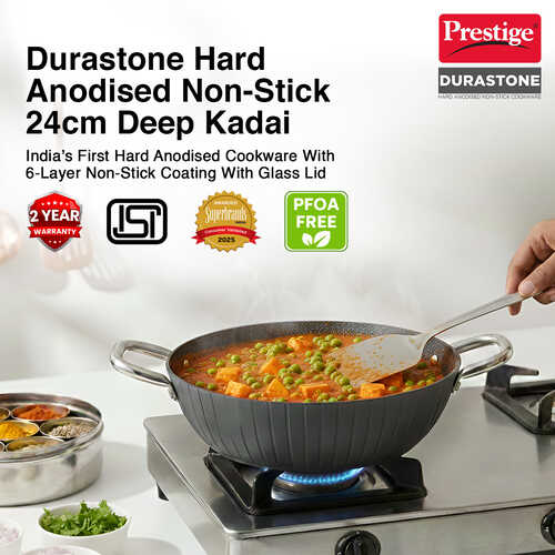 Prestige Durastone Hard Anodised 6 Layer Non-Stick Kadai with Glass Lid, (24 cm, 2.5 Litre) (Black)