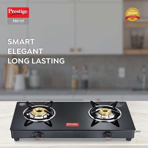 Prestige Marvel Glass Top Gas Stove (2 Burners) with Auto Ignition | Trip-pin Burners | Additional Drip Tray