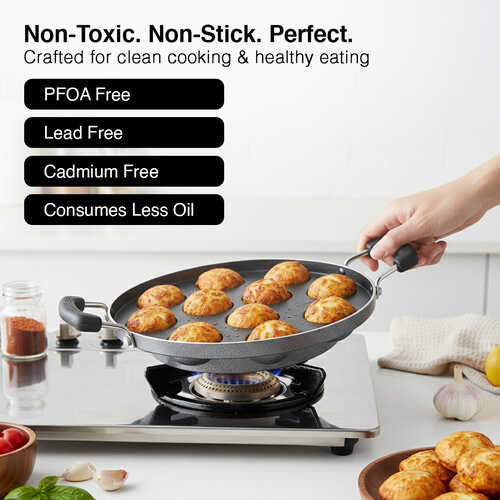 Prestige Omega Select Plus Teflon Coating Residue-free Cooking Round Base 11 Pits Paniyarakkal 25 cm (Black)