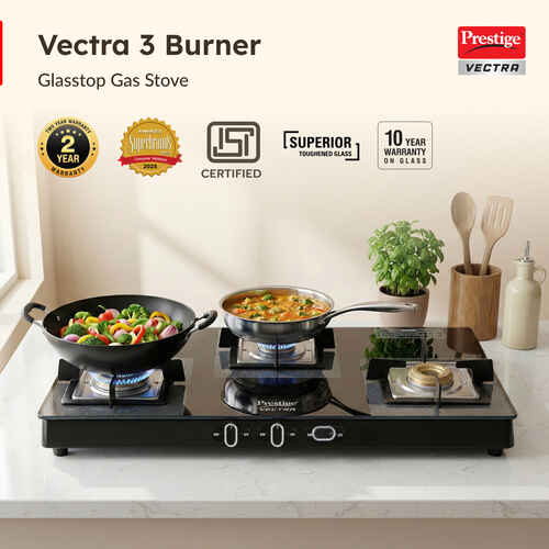 Prestige Vectra 3 Burner Glasstop Gas Stove|Superior Toughened Glass|Jumbo Brass Burner|3-Way Gas Inlet|360 Degree Revolving Nozzle|10 Years Warranty on Glass|Black