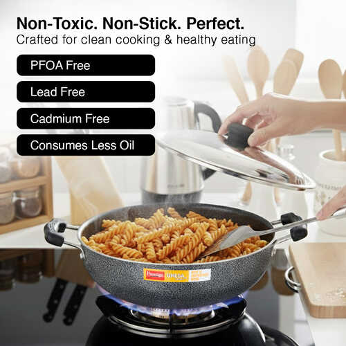 Prestige Omega Select Plus Superior Non-stick Coating Round Base Kadai with Lid, 25cm (Black)