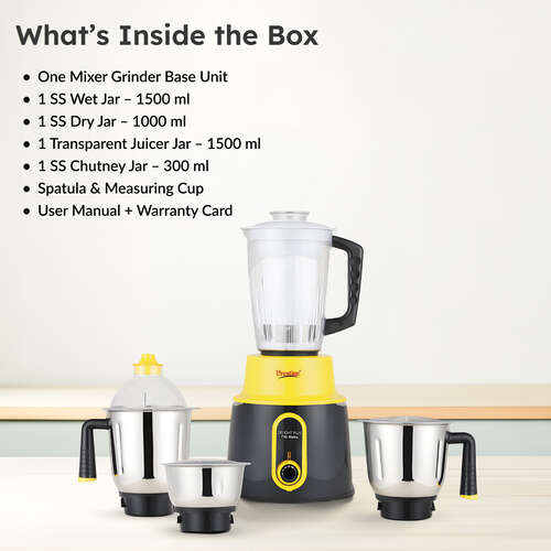 Prestige 750 Watts Delight Plus Mixer Grinder with 4 Jars (3 Stainless Steel Jars + 1 Juicer Jar)| Sturdy Handles| Superior-Grade ABS Body| Yellow and Black