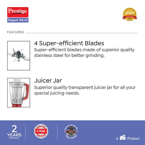 Prestige 750 Watts Elegant 750 V2 Mixer Grinder with 4 Jars (3 Stainless Steel Jars + 1 Juicer Jar)| Sturdy Handles| 4 Super Efficient Blades| Transparent Juicer Jar| Red and White