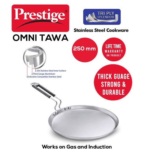 Prestige 25cm Tri-Ply Stainless Steel Splendor Omni Tawa|Gas & Induction Compatible| Even Heat Distribution|Strong and Durable| Perma-Cool Handles| Lifetime Warranty