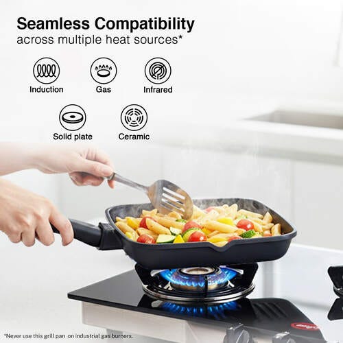 Prestige Omega Die Cast + Aluminium Non-Stick Square Grill Pan 24cm 3-Layer Easy Release Coating|Thick 5.5 mm Base|Induction Base|Die-Cast Body|Black