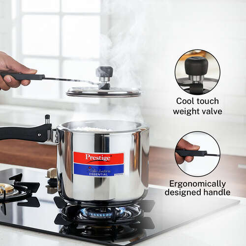 Prestige 3 Litre Stainless Steel Nakshatra Essential Svachh Inner Lid Pressure Cooker | Deep Lid for Spillage Control | TRIPLY Base | Safety Plug | Gas & Induction Compatible | 5Y Warranty | ISI