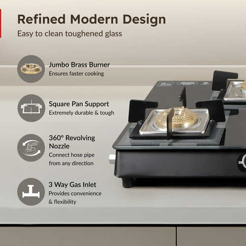 Prestige Vectra 4 Burner Glasstop Gas Stove|Superior Toughened Glass|Jumbo Brass Burner|3-Way Gas Inlet|360 Degree Revolving Nozzle|10 Years Warranty on Glass|Black