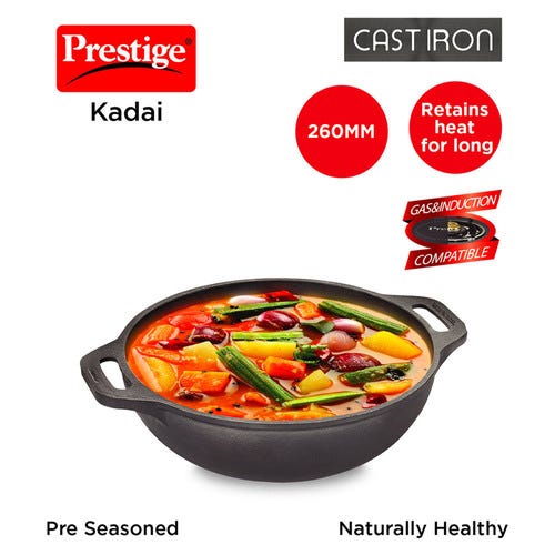 Prestige Cast Iron Scratch Resistant Round Base Kadai, (Black)