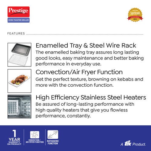 Prestige POTG 26 SS RC Oven Toaster Griller with Convection and Air Fryer Function