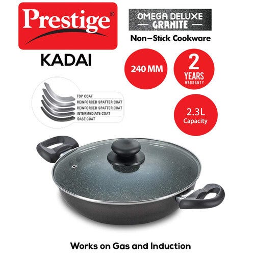 Prestige Omega Deluxe Granite Non-stick Round Base Kadai (Black)