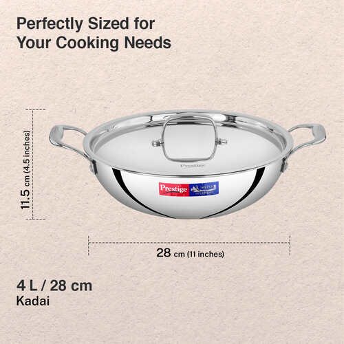 Prestige 28cm/4.0L Tri-Ply Stainless Steel Splendid Kadai with Lid|Gas and Induction Compatible|Even Heat Distribution| Thick Gauge Tri-Ply Body| Perma Cool Handles|15 Year Warranty