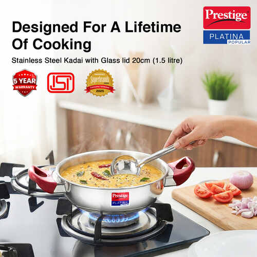 Prestige Platina Popular Stainless Steel Unique Impact Forged Bottom Kadai with Toughened Glass Lid, 20cm (1.5 L) (Silver)