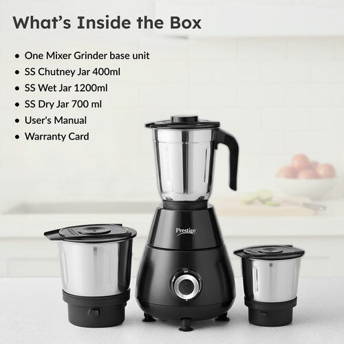 Prestige Apex 500 Watt Mixer Grinder with 3 Stainless Steel Jars | Super Efficient SS Blades | Black | 2Y Warranty | ISI Certified