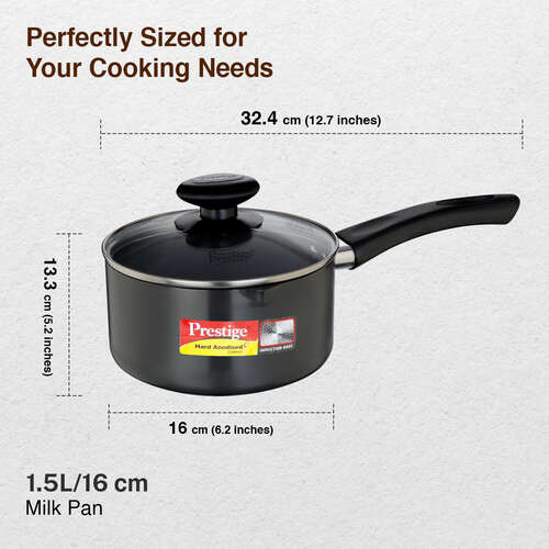 Prestige Hard Anodised Plus Gas and Induction Compatible Milk Pan with Glass Lid, 16cm, 1.5 L (Black)