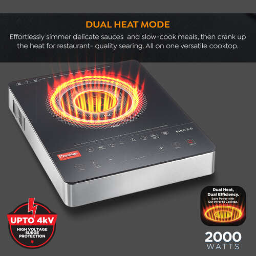 Prestige PIRC 2.0 2000 Watts Infrared Dual Heating Zone Cooktop |High Voltage Surge Protection| Dual Heat Mode| Radiant Heating Technology| Feather Touch Buttons| Stainless Steel| Portable