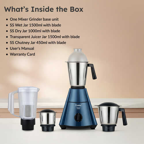 Prestige 750 Watts Grace Mixer Grinder with 4 Jars (3 Stainless Steel Jars + 1 Juice Jar)|4 Super Efficient Blades|Sturdy Handles|Dome Shaped Lid|Blue & Black