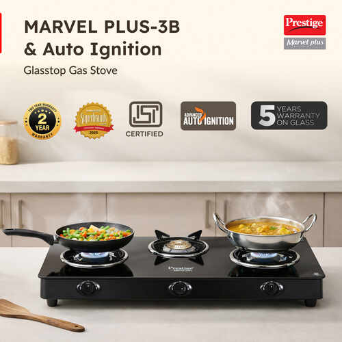 Prestige Marvel Glass Top Gas Stove (3 Burners) with Auto Ignition - GTM 03 AI Black