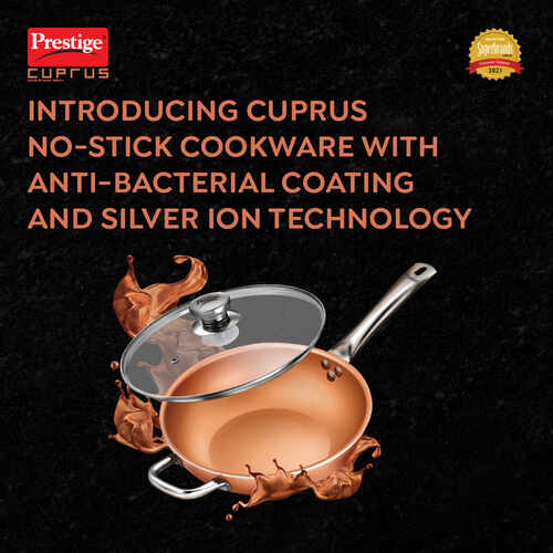 Prestige Cuprus Aluminium Gas and Induction Compatible Non-Stick Kadai with Glass Lid, 26 cm, 3 L (Copper)