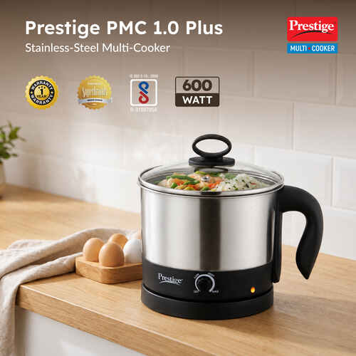 Prestige 1L PMC 1.0 Plus Multi Kettle / Multi Cooker| Glass Lid with Stainless Steel rim|Temperature Control |Power Indictor (Silver, Black)