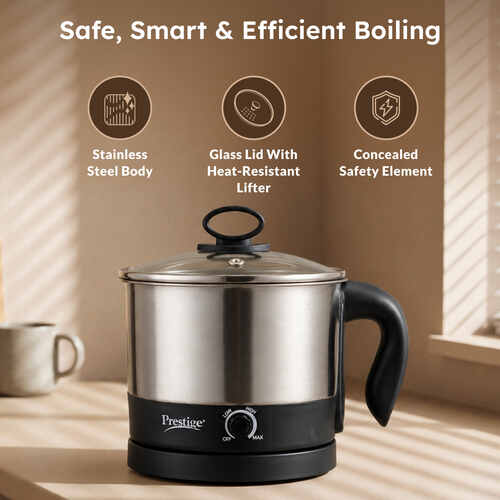 Prestige 1L PMC 1.0 Plus Multi Kettle / Multi Cooker| Glass Lid with Stainless Steel rim|Temperature Control |Power Indictor (Silver, Black)