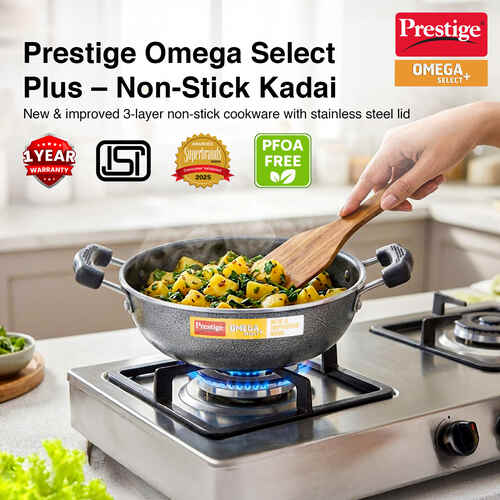 Prestige Omega Select Plus Aluminium Flat Base Non-Stick Coating Kadai with SS Lid, (Black)