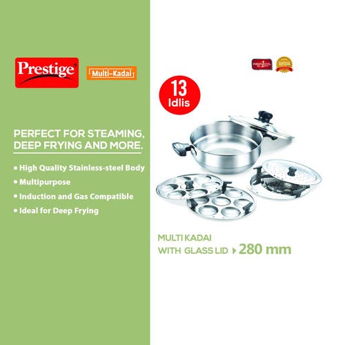 Prestige Stainless Steel Induction Base Multi-Kadai with Glass Lid (Dhokla Plate, Patra Plate, Idli Plates), 28cm (Silver)