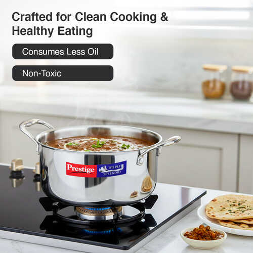 Prestige 22cm/4.25L Tri-Ply Stainless Steel Splendid Casserole| Gas and Induction Compatible |Even Heat Distribution| Thick Gauge Tri-Ply Body| Perma Cool Handles|15 Year Warranty