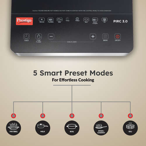 Prestige PIRC 3.0 Plus 2400 Watts Infrared Cooktop | Preset Indian Menu Option with Timer | Compatible With Any Metal Cookware With Flat Bottom | Easy to clean | Portable | Black | 1Y Warranty
