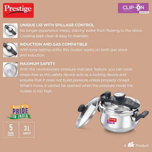 Prestige Clip-on Mini Svachh Stainless Steel Spillage Control Pressure Cooker with Glass Lid, (Silver)