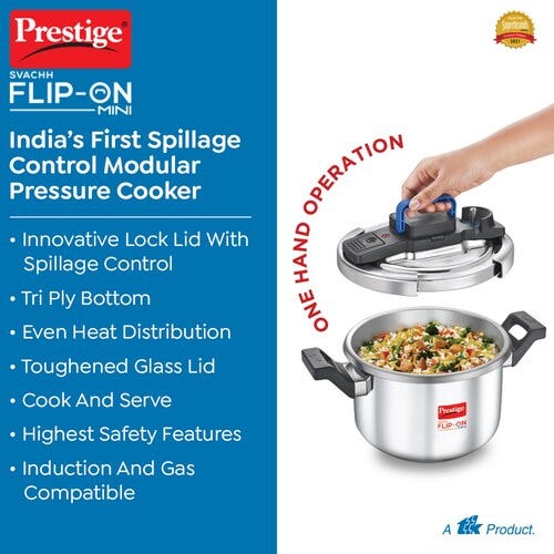 Prestige Svachh Flip-on Stainless Steel Gas and Induction Compatible Pressure Cooker with Glass Lid, (Silver)