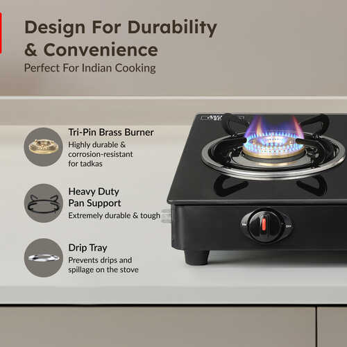 PRESTIGE ATLAS PLUS LP GAS STOVE 1 U GTA-03+ (WITH POWDER COATED BODY, GLASS TOP AND 2 U BRASS BURNERS) & L. P. GAS HOSE (WITH STEEL WIRE RE-INFORCED-1.5m)1 U & GAS LIGHTER PGL 03 1 U & KNIFE 1 U FREE