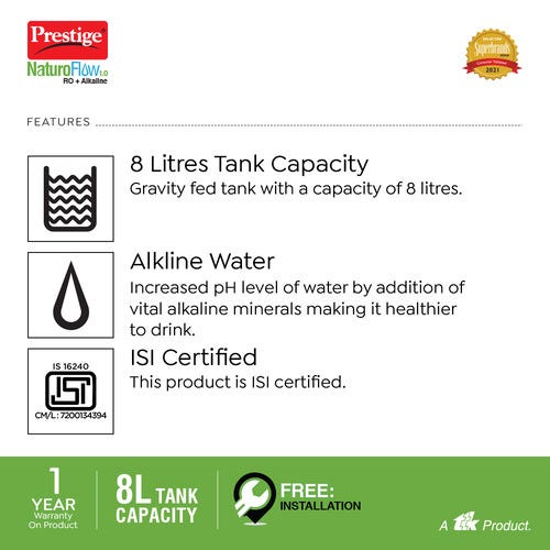 Prestige CleanHome Naturoflow 1.0 RO+ Alkaline Water Purifier, 8L (Black)