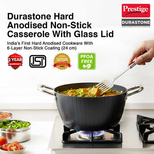 Prestige Durastone Hard Anodised 6 Layer Non-Stick Casserole with Glass Lid, (24 cm, 4 Litre) (Black)