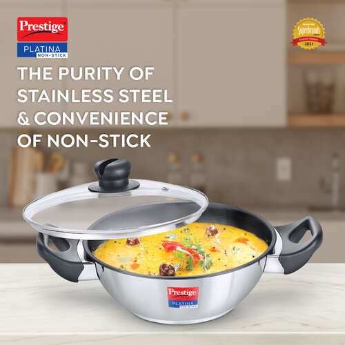 Prestige Platina Non-stick Stainless Steel Unique Impact Forged Bottom Kadai with Glass Lid (Silver)