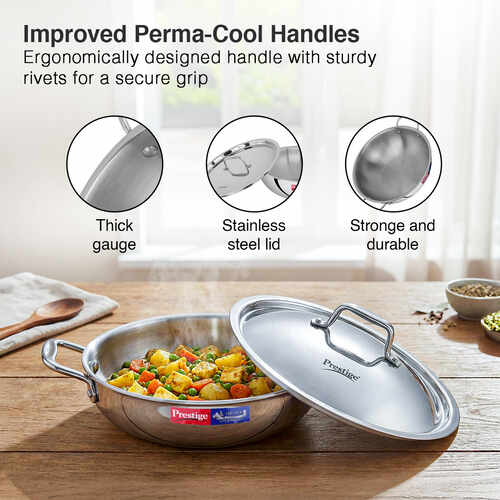 Prestige 28cm/4.0L Tri-Ply Stainless Steel Splendid Kadai with Lid|Gas and Induction Compatible|Even Heat Distribution| Thick Gauge Tri-Ply Body| Perma Cool Handles|15 Year Warranty