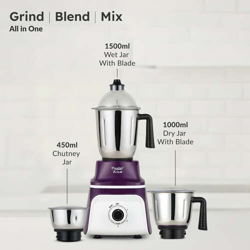 Prestige 750 Watts Prism Mixer Grinder with 3 Stainless Steel Jars| LED Power Indicator|Flow Breaker Design|Sturdy Handles| Purple and White