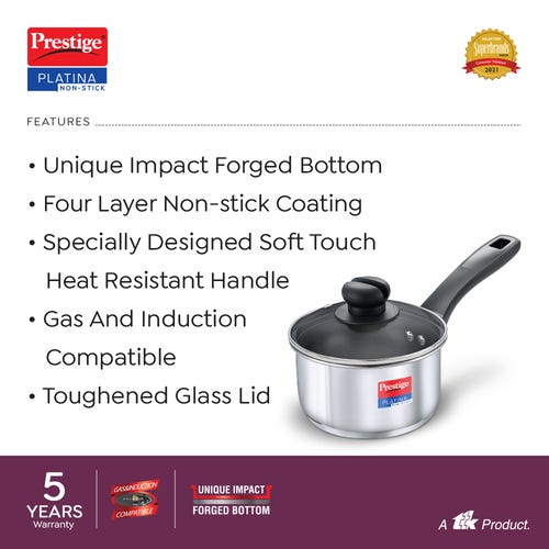 Prestige Platina Non-stick Stainless Steel Round Base Sauce Pan with Glass Lid (Silver)