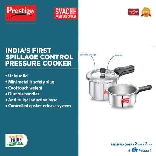 Prestige Svachh Aluminium Anti Bulge Gas and Induction Compatible Pressure Cooker Combo 3 L and 2 L (Silver)