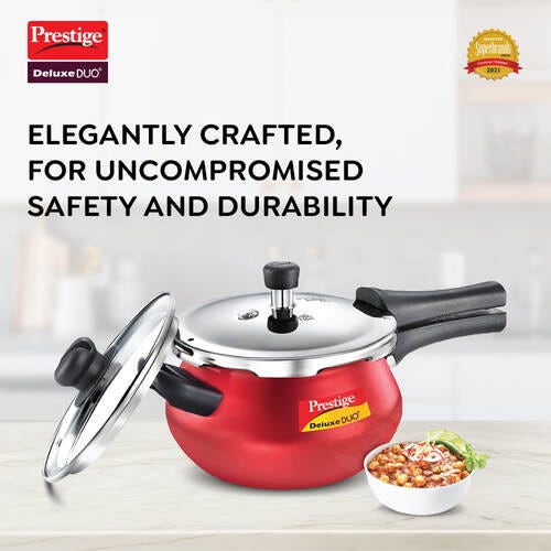 Prestige Deluxe Duo Plus Aluminium Gas and Induction Compatible Pressure Cooker with Glass Lid, (Red)